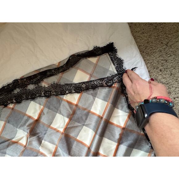 Chic Satin Camisole & Skirt Set – Plaid Print with Black Lace Trim – Elegant Lou - Picture 4 of 12